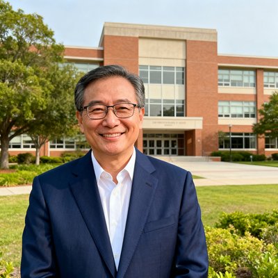 河北石家庄二中副校长王建华老师的半身肖像照，他戴着眼镜面带微笑，穿着深蓝色西装站在学校教学楼前，背景是校园绿化景观