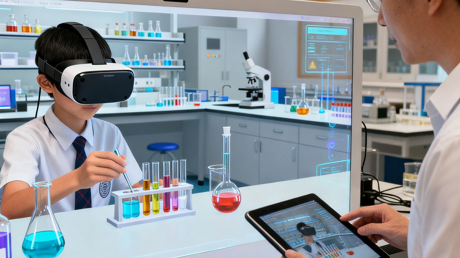 一名中学生头戴VR设备在虚拟仿真实验视讯系统中进行化学实验操作，虚拟场景中显示着逼真的实验室环境和化学试剂瓶，旁边的教师通过平板电脑实时观察学生的操作步骤并给予指导